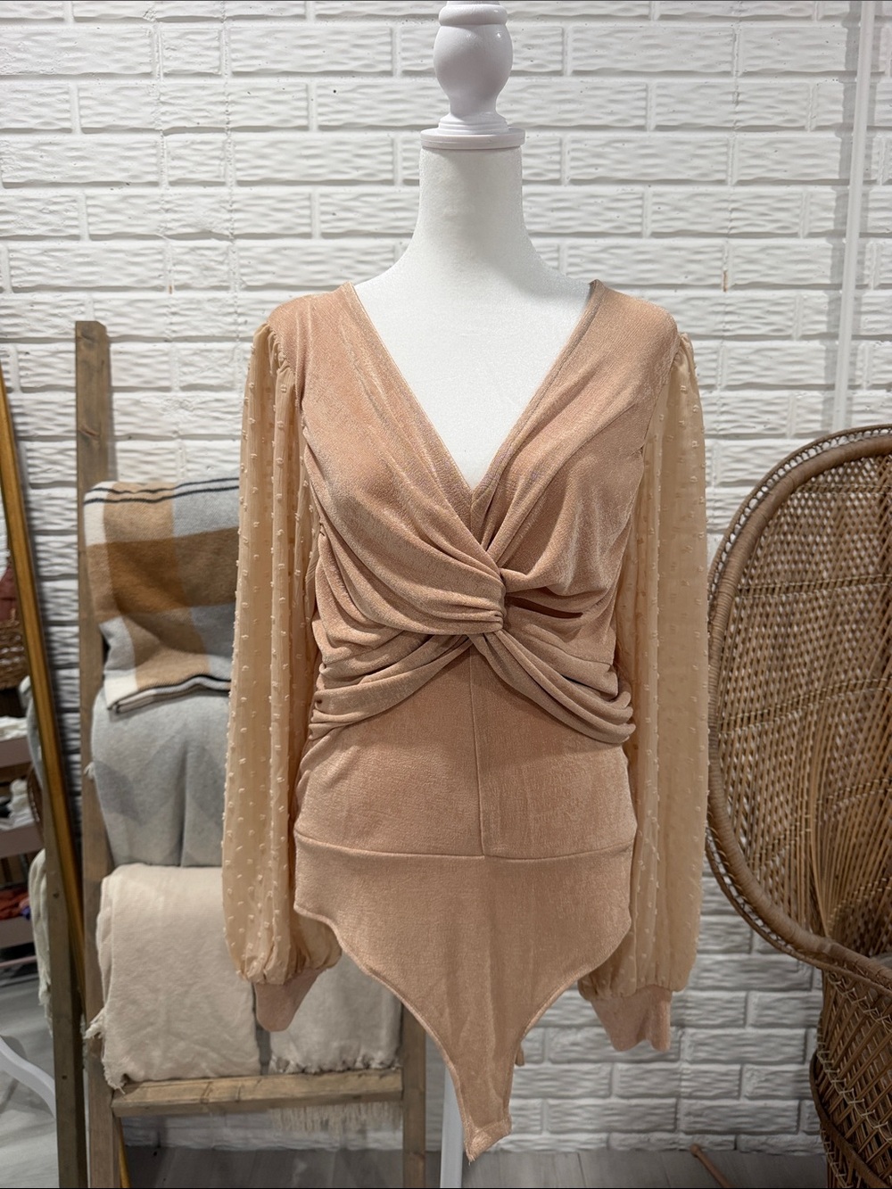 white birch Twist-Front Long-Sleeve Sheer Dot Bodysuit in Peach